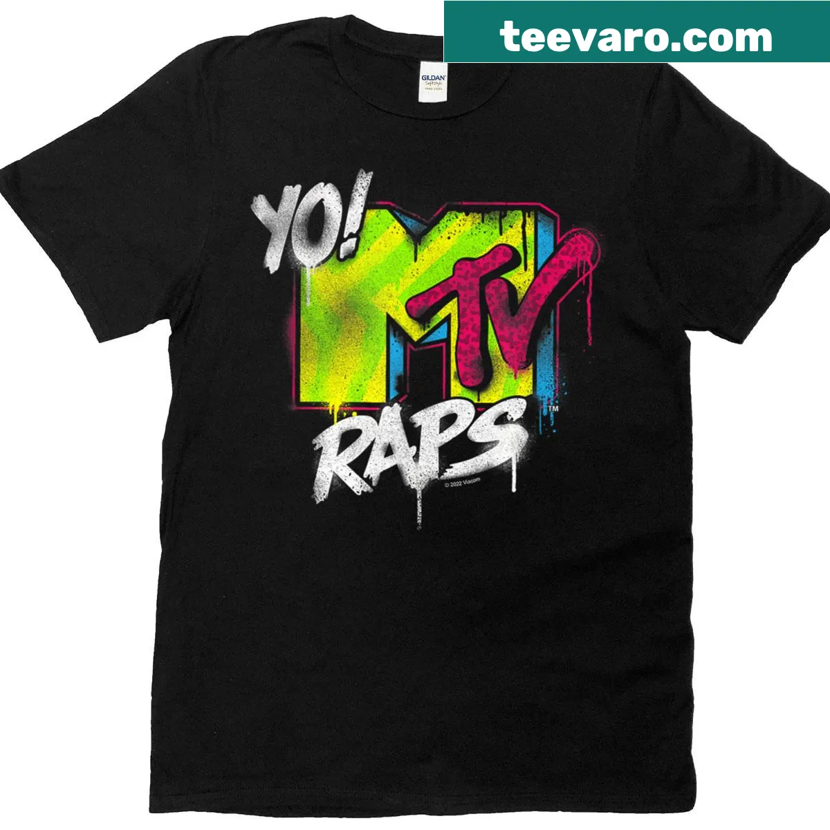 Vintage Yo MTV Raps logo T-shirt with a spray can design — on a men's t-shirt
