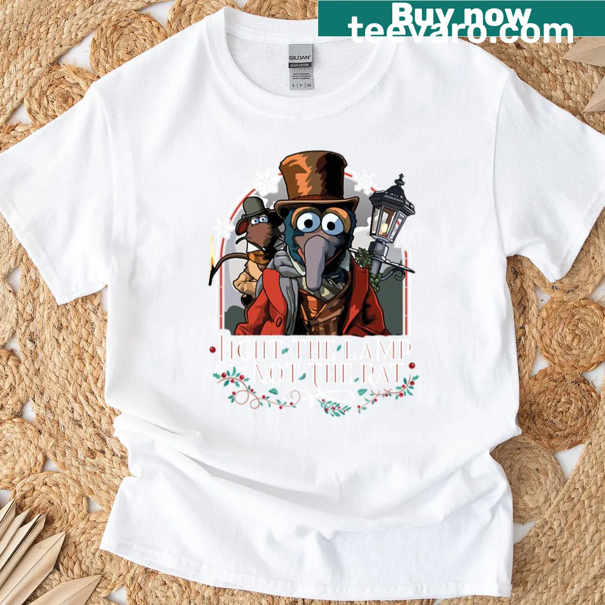 Muppet Christmas Carol t-shirt featuring Gonzo and Rizzo illustrations — on a men's t-shirt