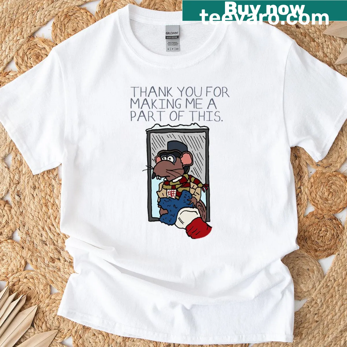 Rizzo the Rat graphic from Muppet Christmas Carol on oversized t-shirt — on a men's t-shirt