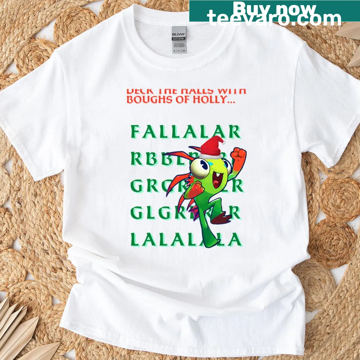 Cartoon Murloc character on Christmas-themed t-shirt — on a men's t-shirt