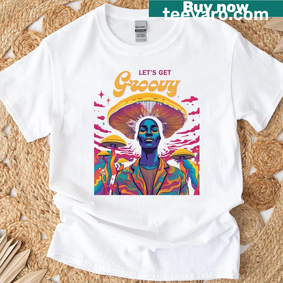 Groovy mushroom man design on a hippy T-shirt — on a men's t-shirt