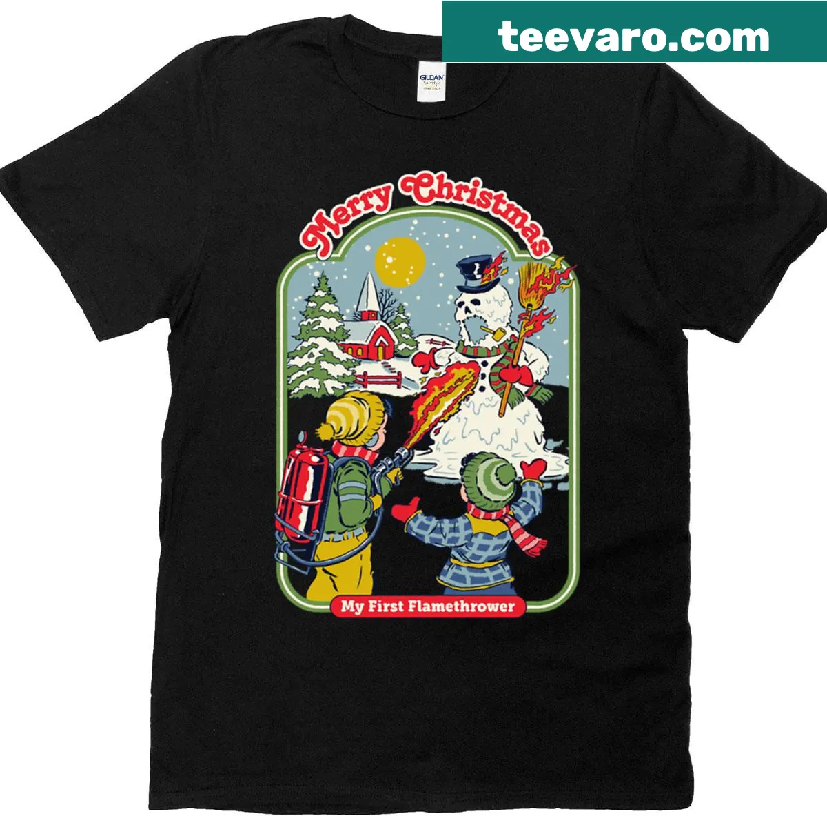 Funny T-shirt with whimsical flamethrower illustration — on a men's t-shirt