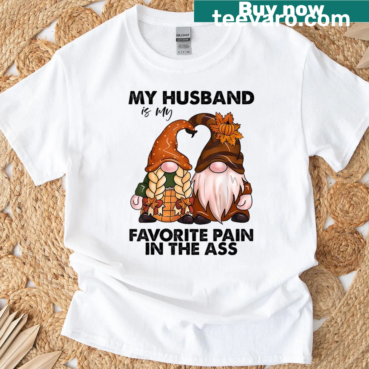 Funny typography t-shirt with gnomes and playful quote — on a men's t-shirt