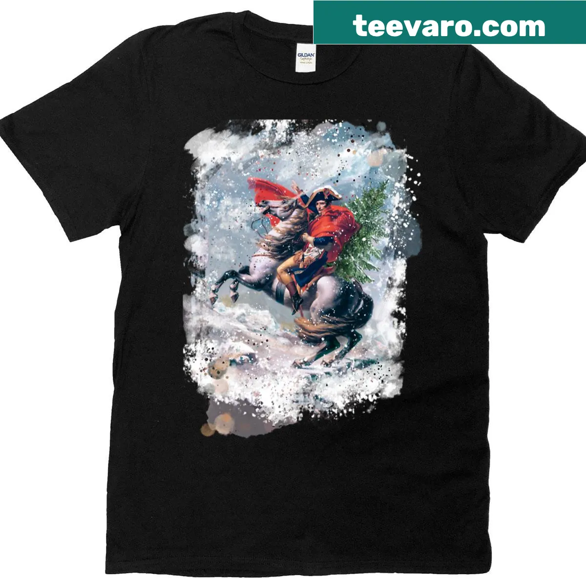 Funny graphic of Napoleon wearing a Santa hat on a Christmas t-shirt. — on a men's t-shirt