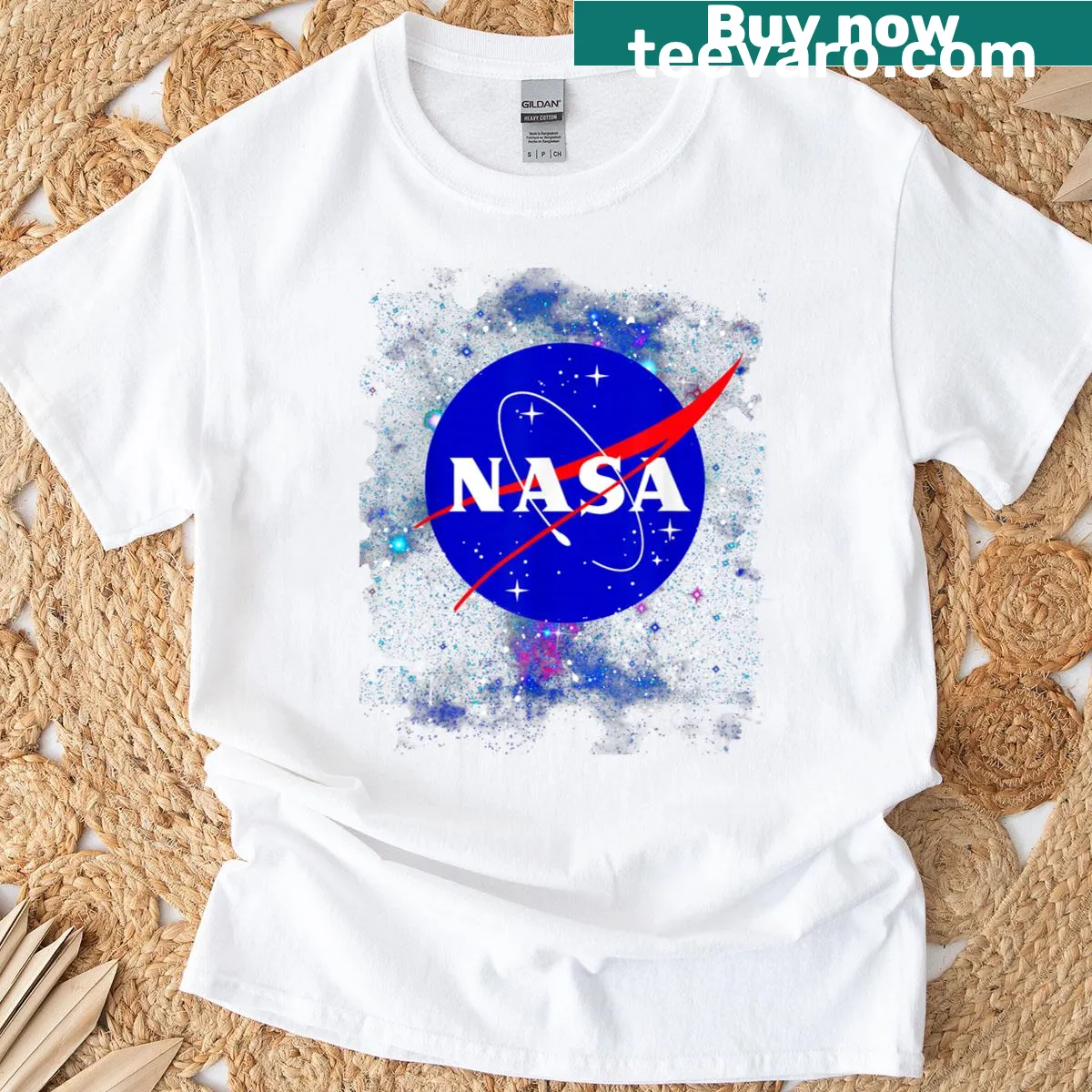 NASA logo T-shirt with a starry space design — on a men's t-shirt
