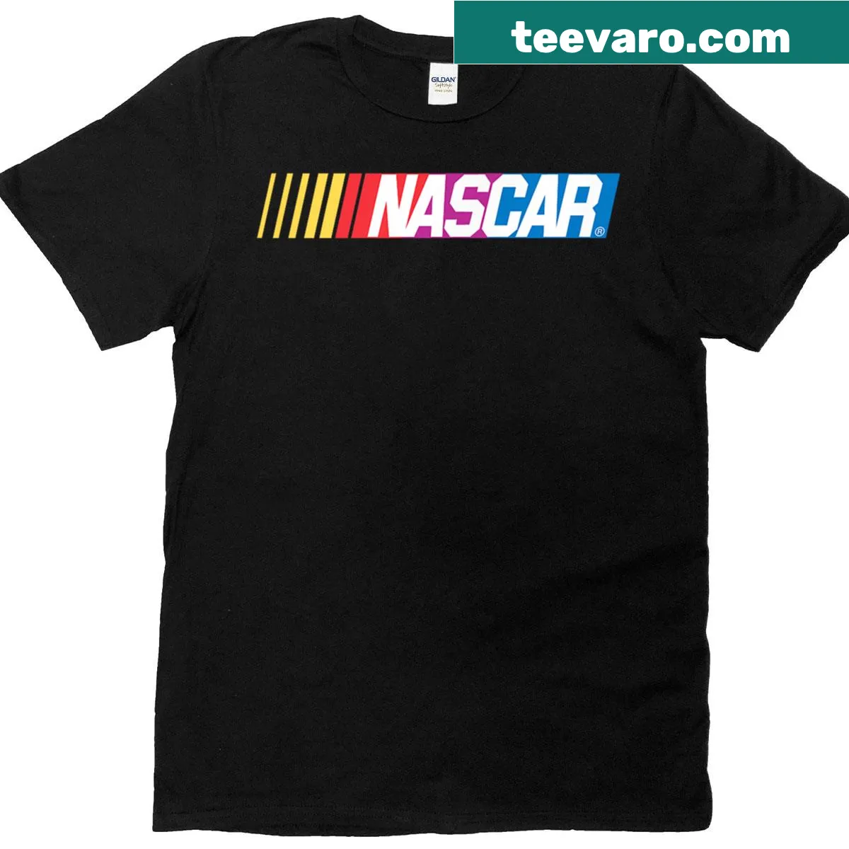 Vintage Nascar 1976 logo black t-shirt — on a men's t-shirt