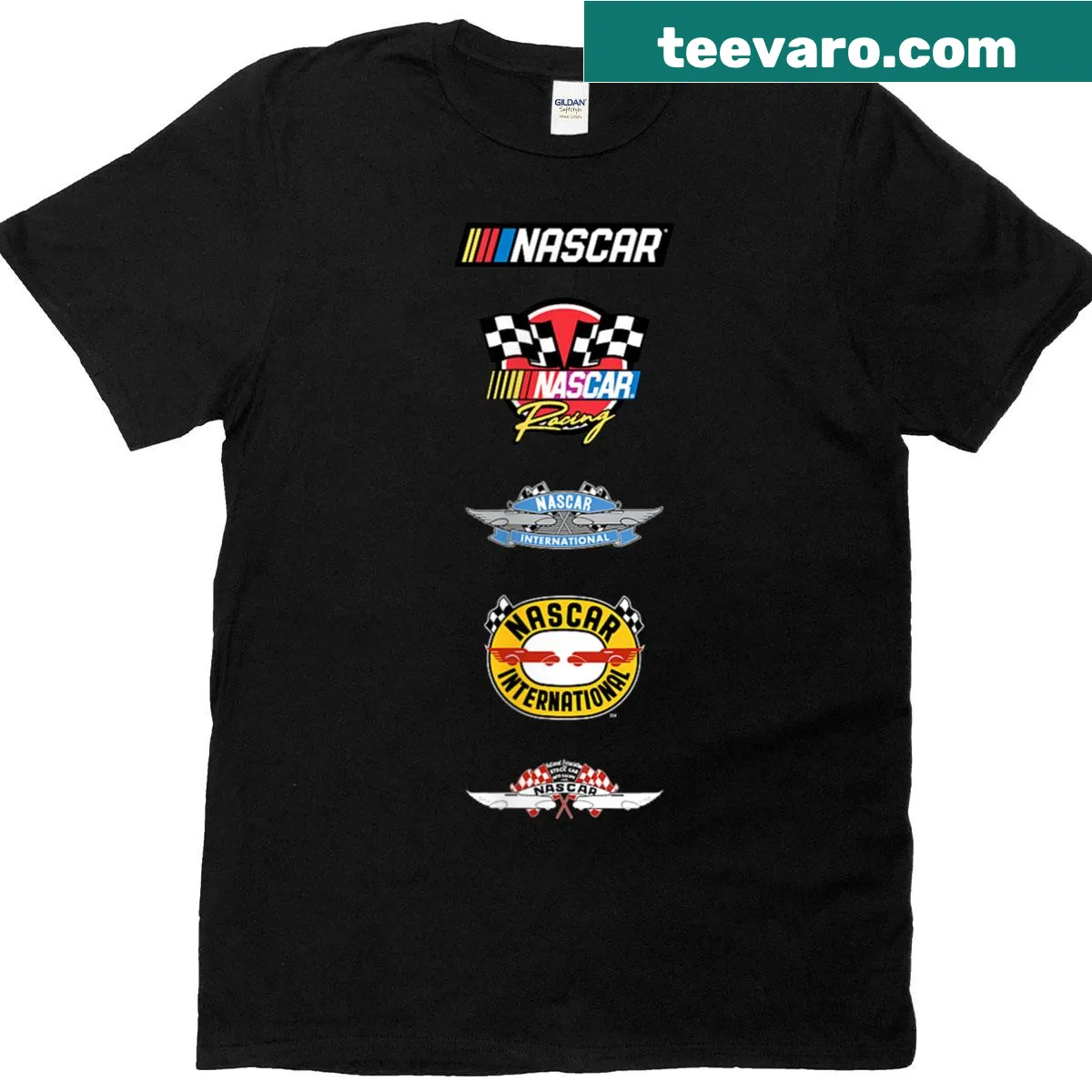 Vintage Nascar T-shirt featuring stacked historical racing logos — on a men's t-shirt