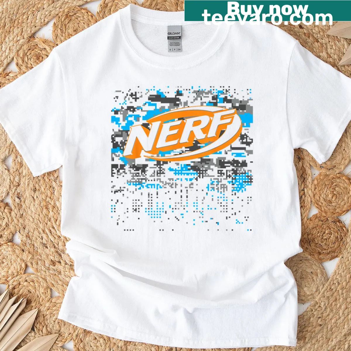 Nerf logo with a glitch camouflage design on a stylish t-shirt — on a men's t-shirt