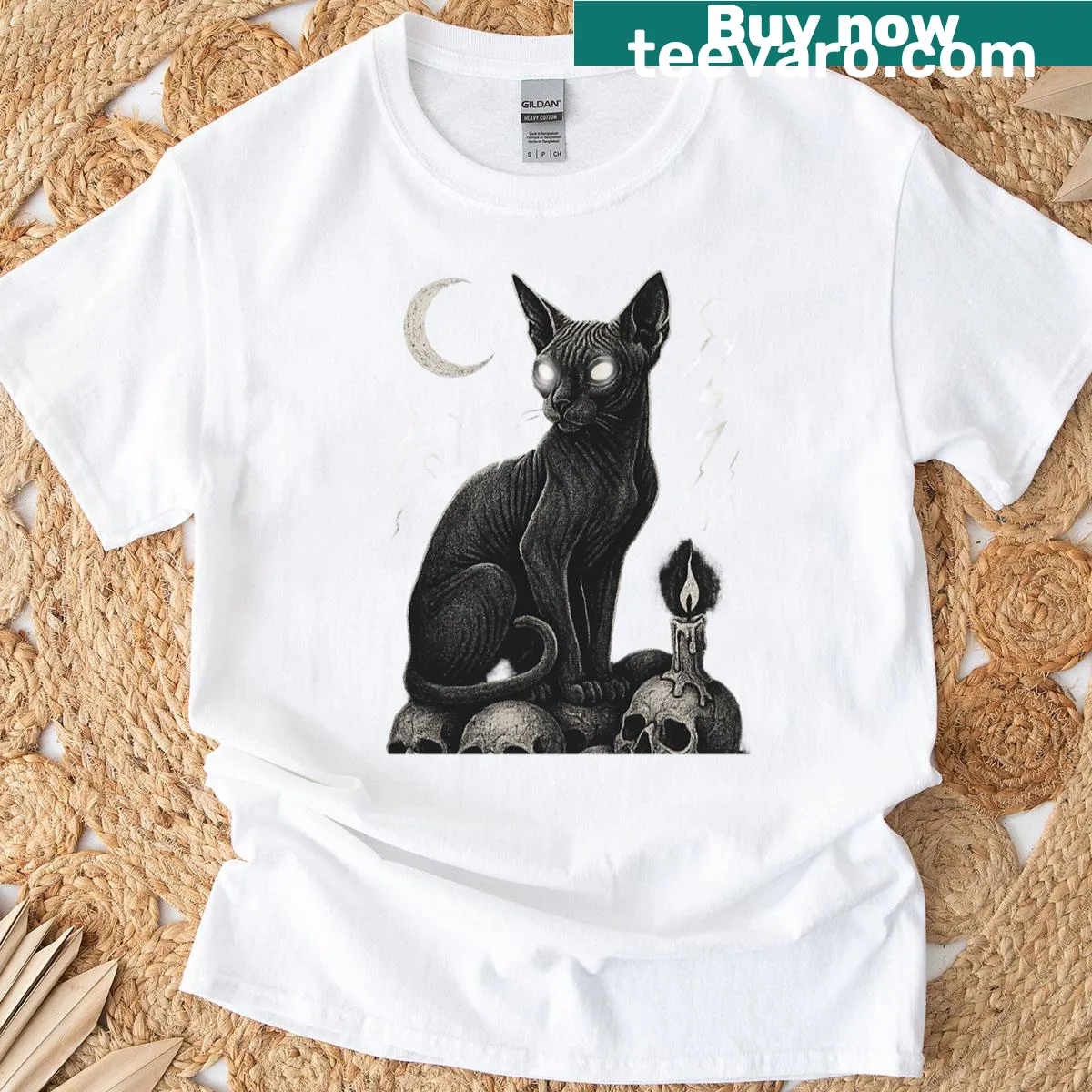 Sphynx cat on skulls under a crescent moon on a T-shirt — on a men's t-shirt