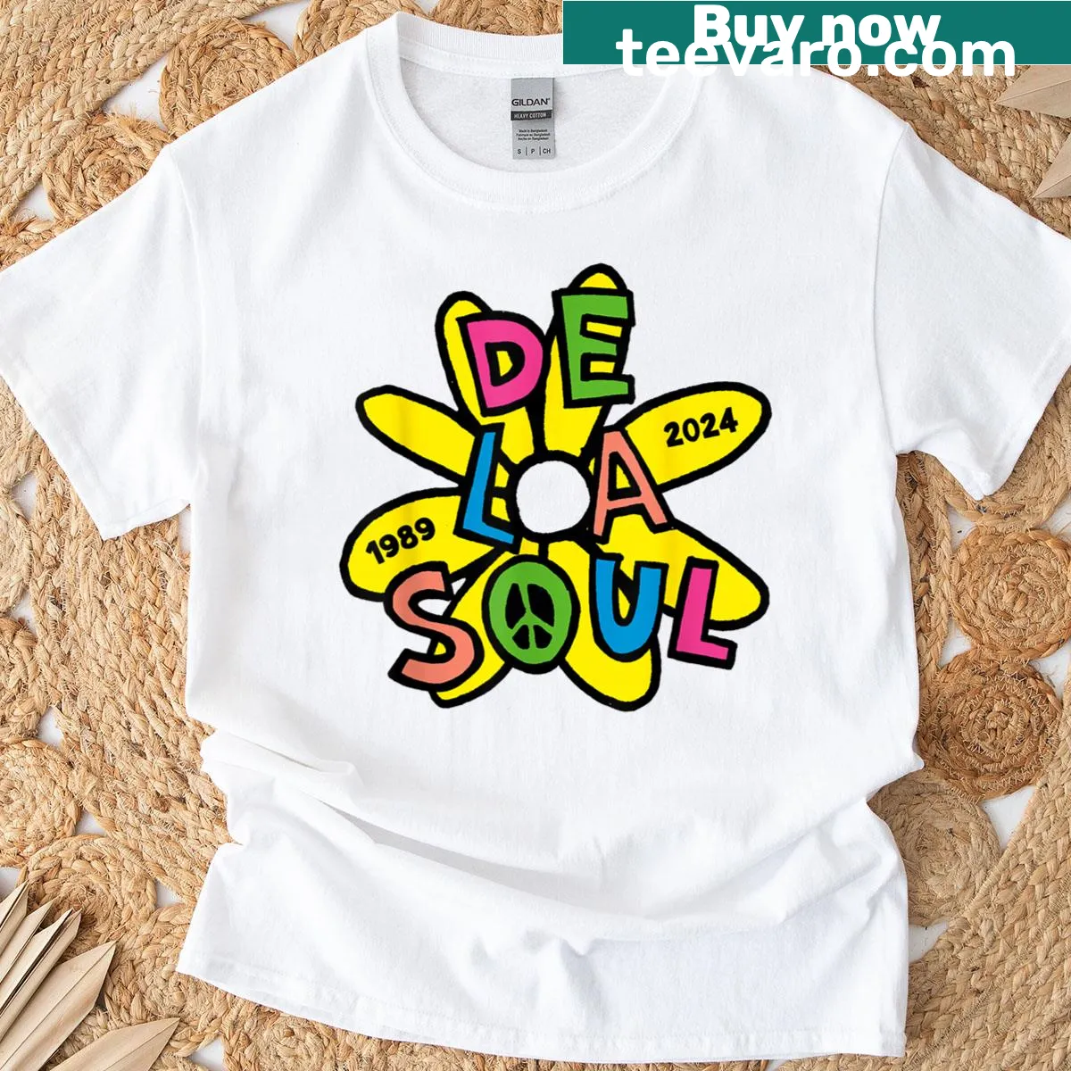 T-shirt with De La Soul flower logo — on a men's t-shirt