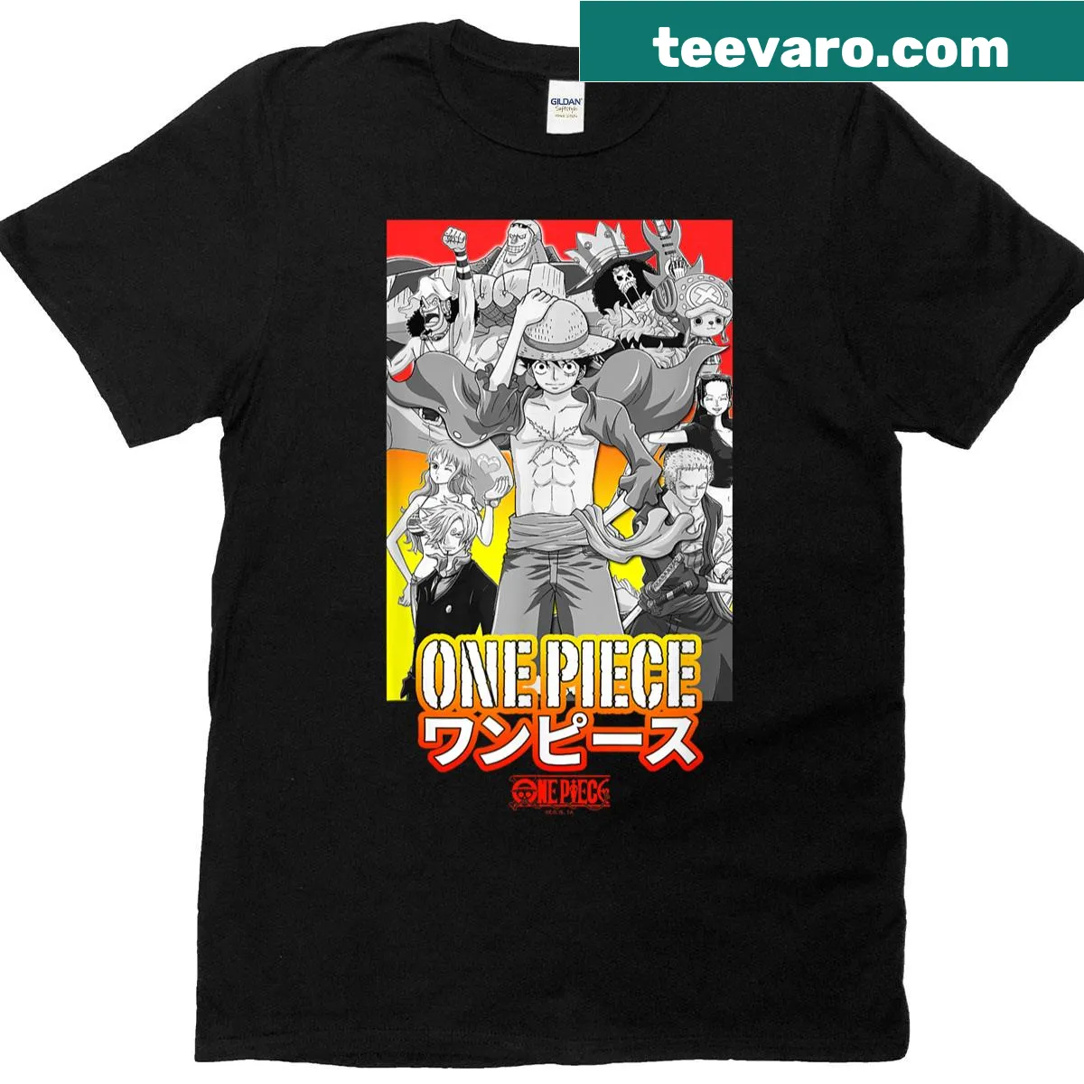 Collage t-shirt featuring One Piece anime characters and stencil logo — on a men's t-shirt