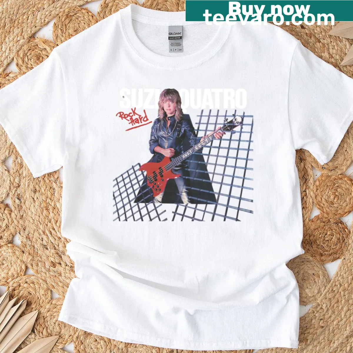 Illustrative T-shirt featuring a humorous rock music theme centered on Pat Susan — on a men's t-shirt