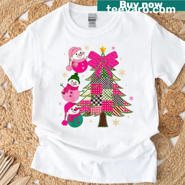 Cute holiday T-shirt with a snowman and Christmas tree