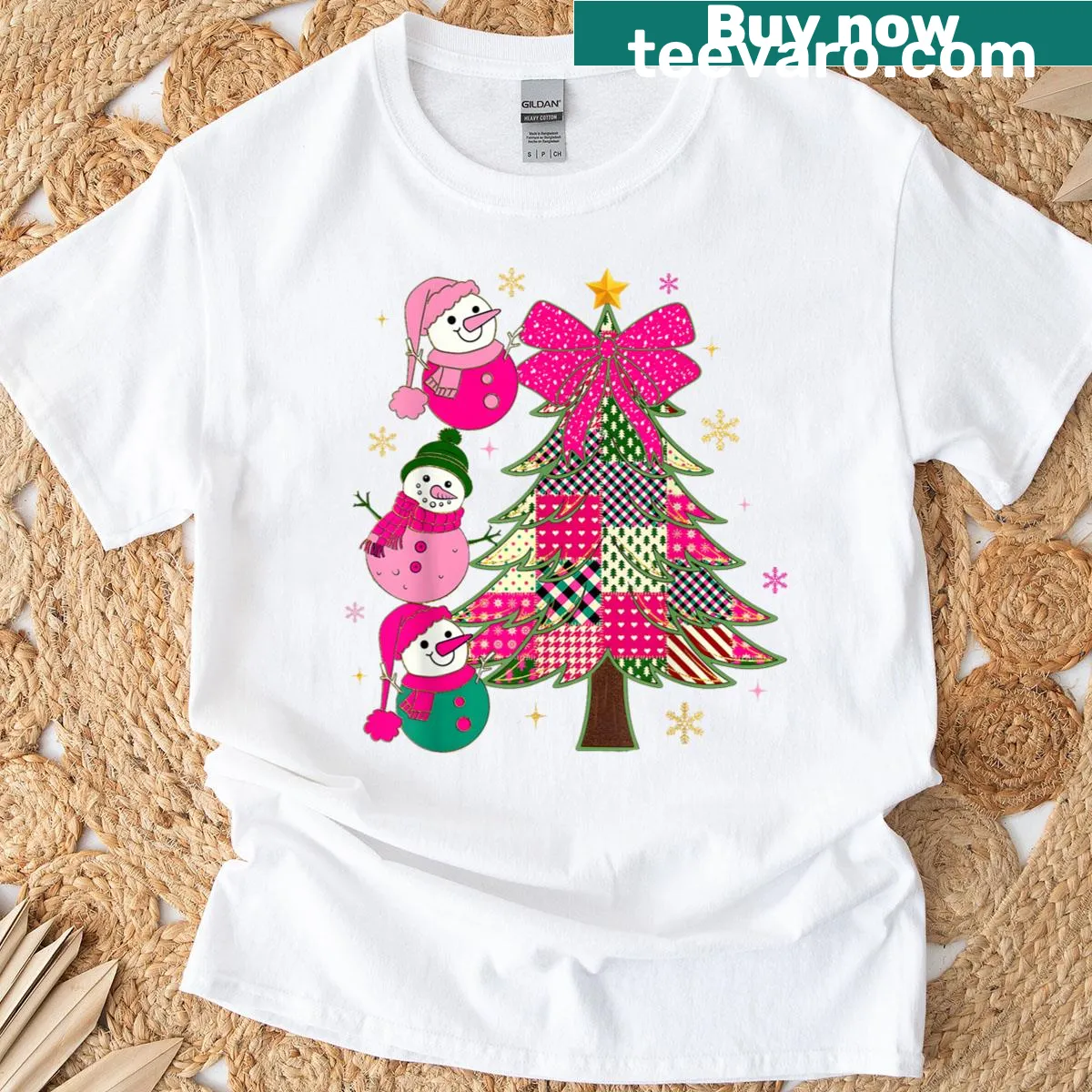 Cute holiday T-shirt with a snowman and Christmas tree — on a men's t-shirt