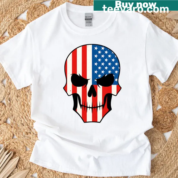 Distressed American flag and skull graphic on T-shirt