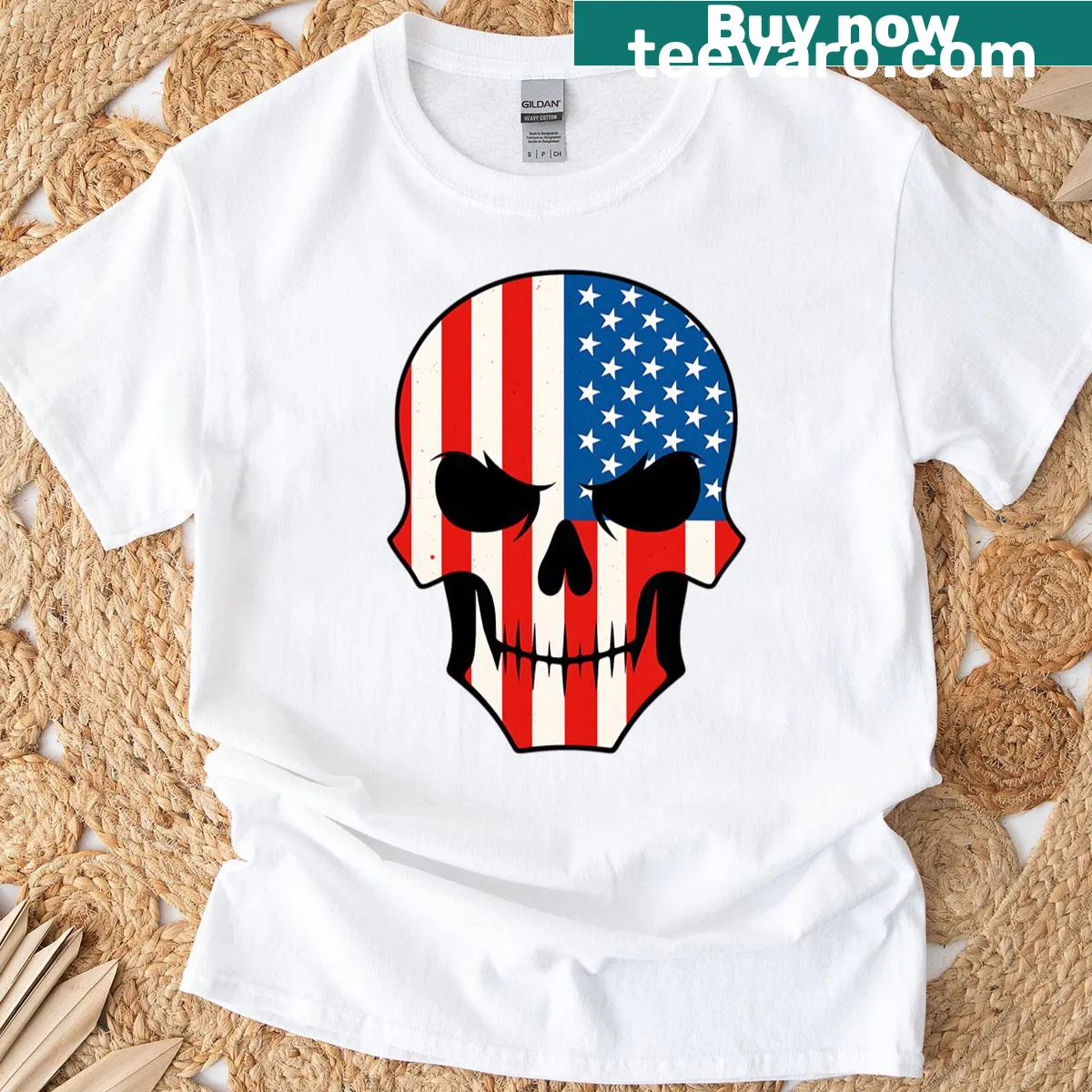 Distressed American flag and skull graphic on T-shirt — on a men's t-shirt