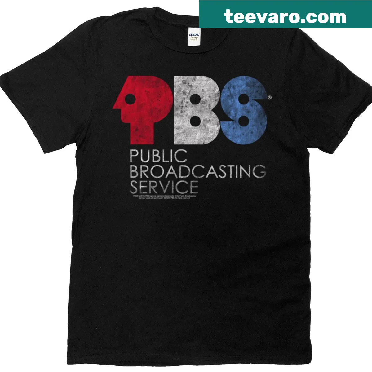 Vintage distressed PBS logo t-shirt in red, white, and blue — on a men's t-shirt