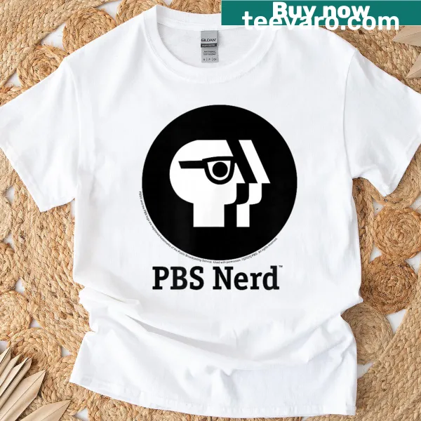 Round black PBS logo on a T-shirt for broadcasting enthusiasts