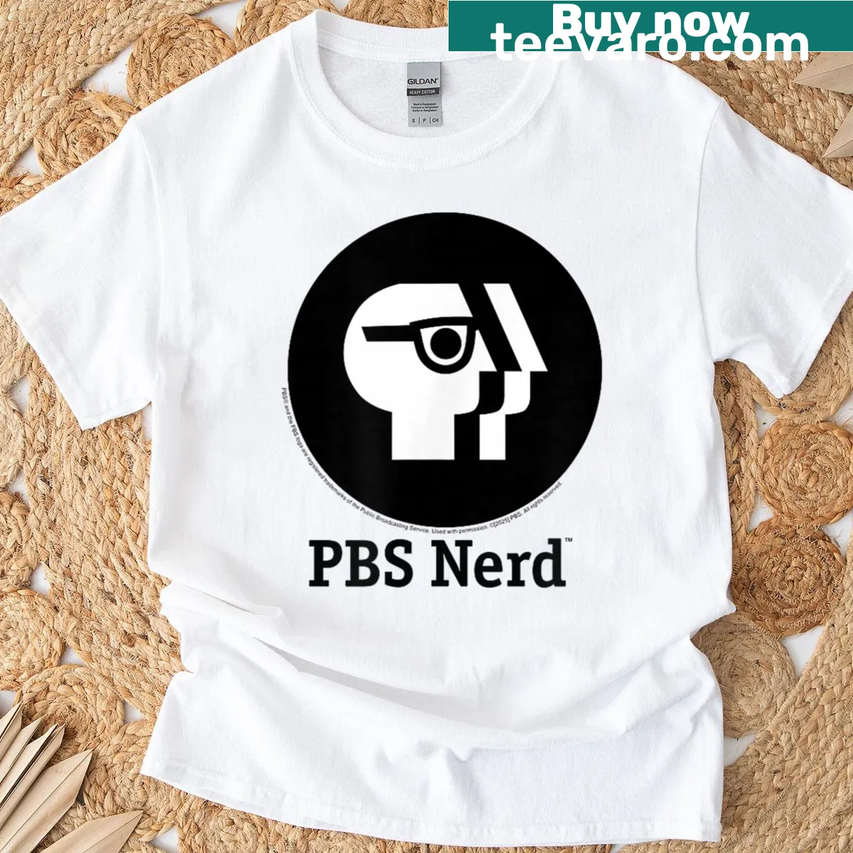 Round black PBS logo on a T-shirt for broadcasting enthusiasts — on a men's t-shirt