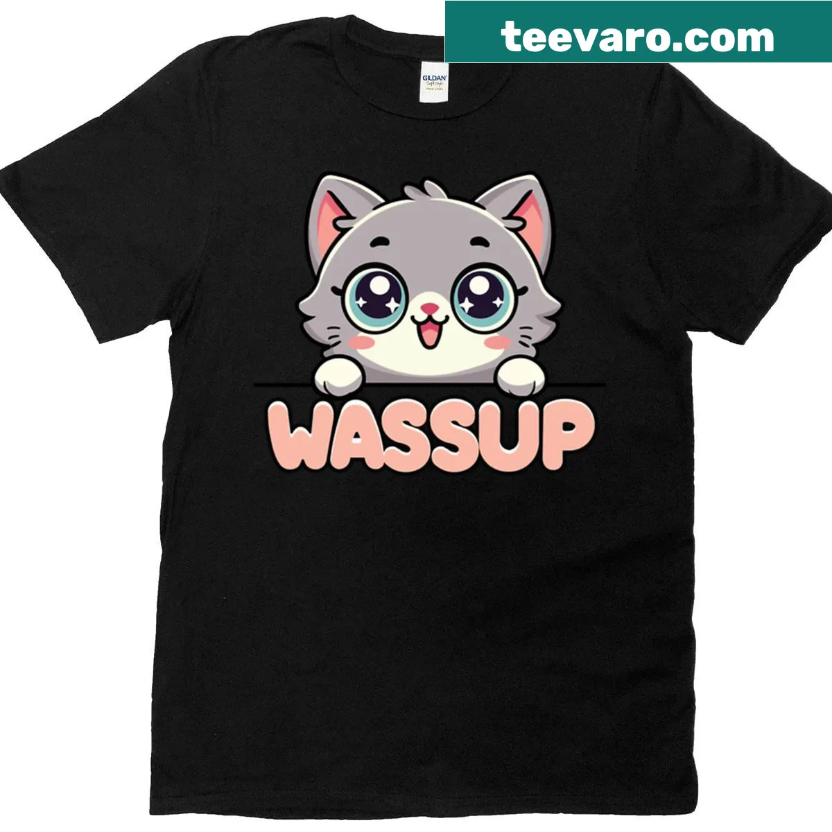 Cute cartoon kitten design peeking on a kawaii style T-shirt — on a men's t-shirt