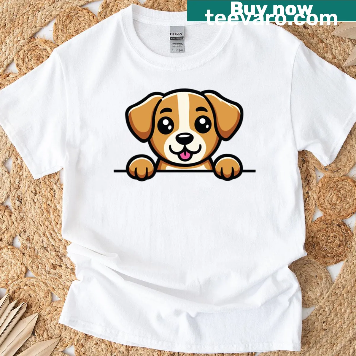 Kawaii-style T-shirt with a peeking puppy design — on a men's t-shirt