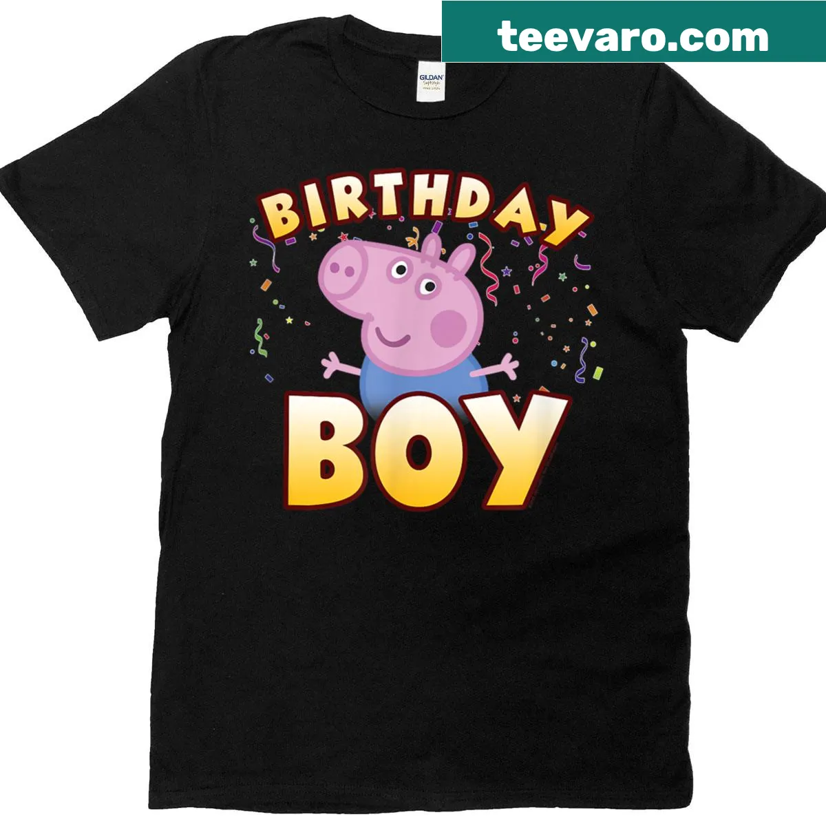Peppa Pig George T-shirt with a birthday theme and confetti design — on a men's t-shirt