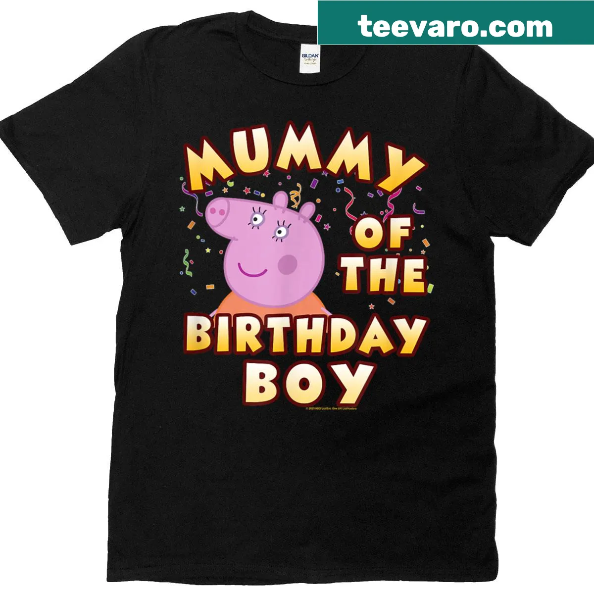 Peppa Pig birthday t-shirt with 'Mummy Of The Birthday Boy' text and confetti — on a men's t-shirt