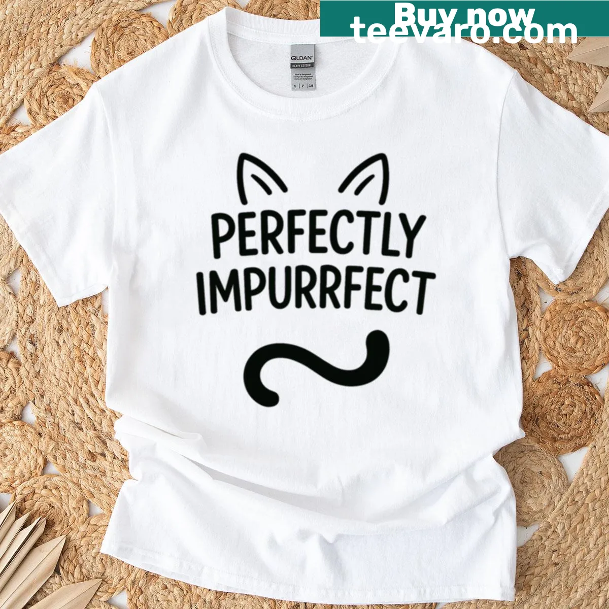 Illustration of a cat with the text Perfectly Impurrfect — on a men's t-shirt