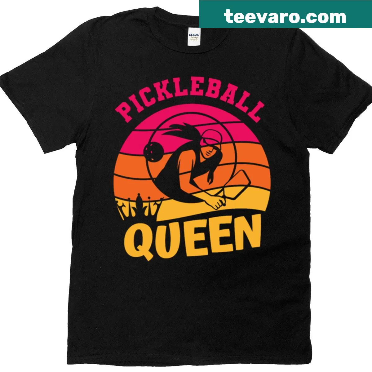 Fitted T-shirt for female pickleball players with 'Pickleball Queen' — on a men's t-shirt
