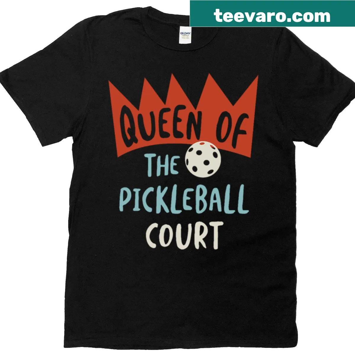 Bold 'Queen of the Pickleball Court' graphic t-shirt for players. — on a men's t-shirt