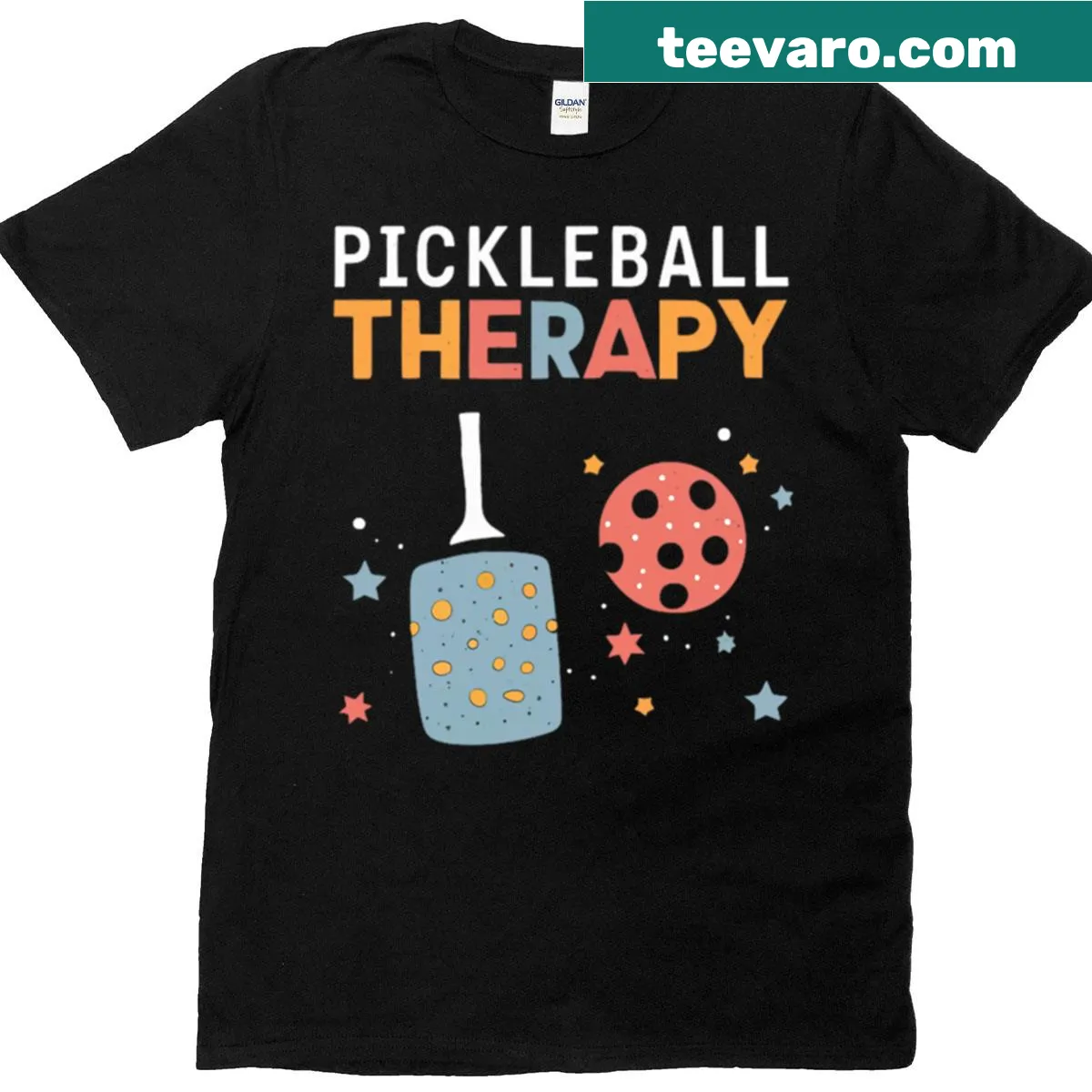Shirt with 'Pickleball Therapy' text, great for sports enthusiasts — on a men's t-shirt