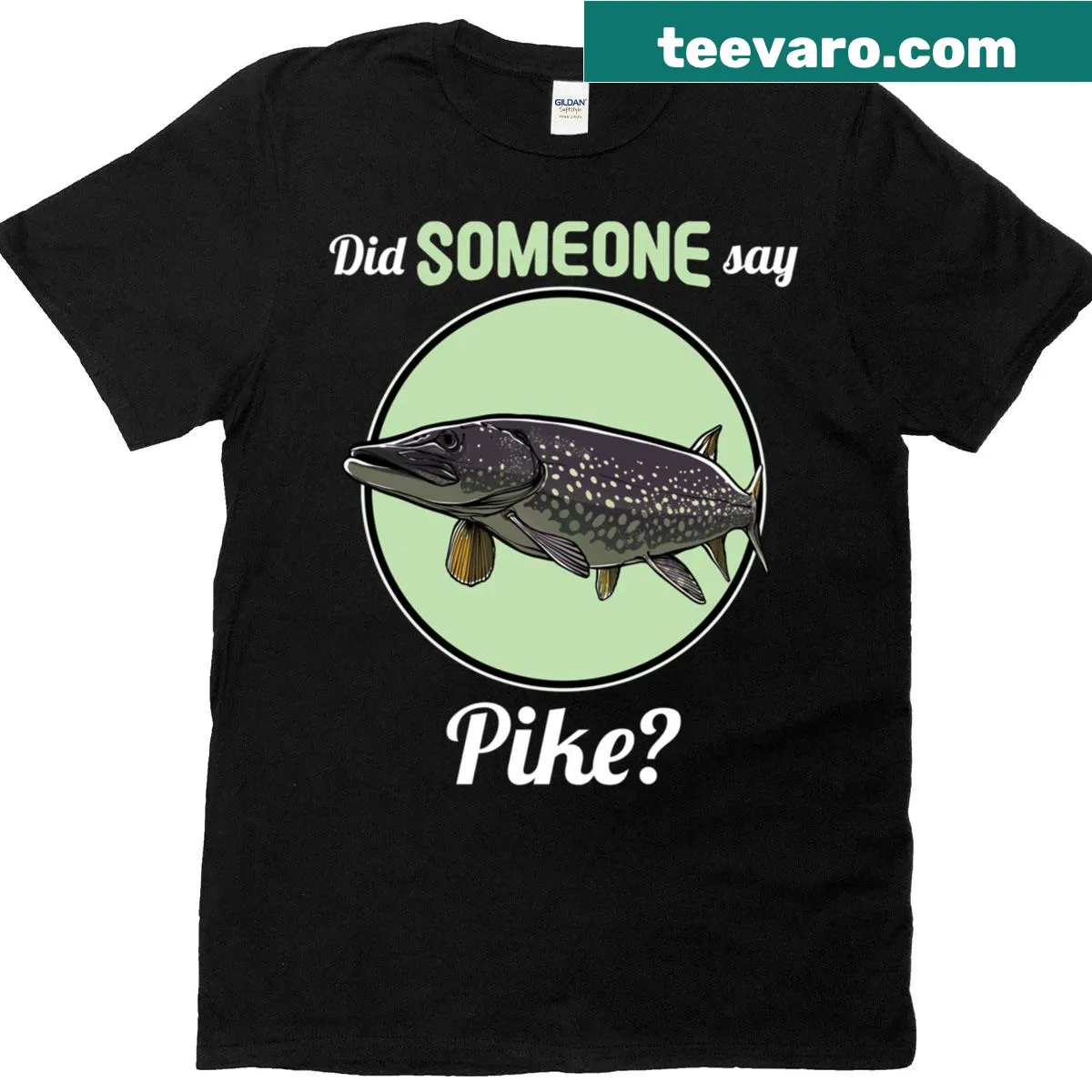 Funny fishing t-shirt with playful text about pike fishing — on a men's t-shirt