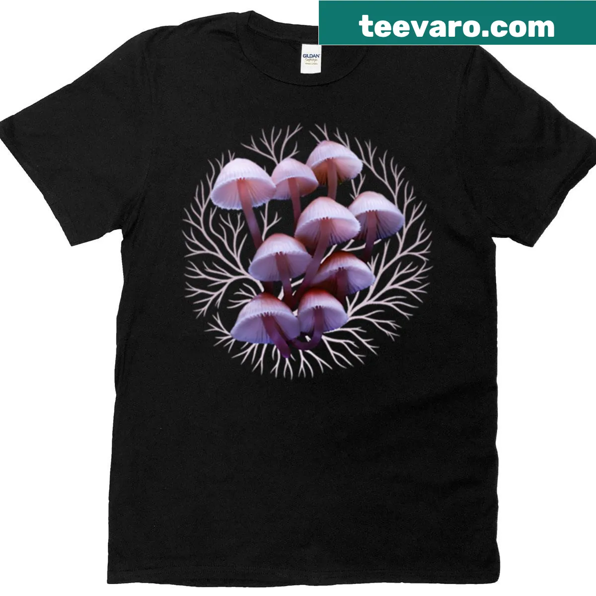 Whimsical graphic of pink mushrooms on a T-shirt — on a men's t-shirt