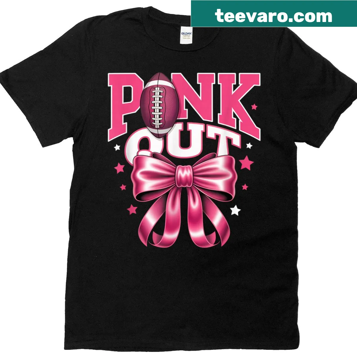 Breast cancer awareness T-shirt with football and pink ribbon design — on a men's t-shirt