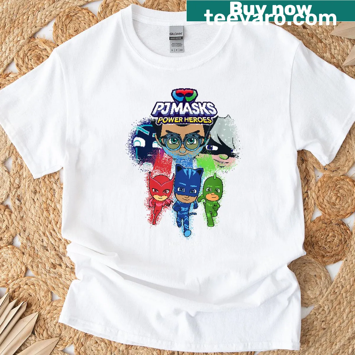 T-shirt featuring a group shot of PJ Masks in a nostalgic gaming design — on a men's t-shirt