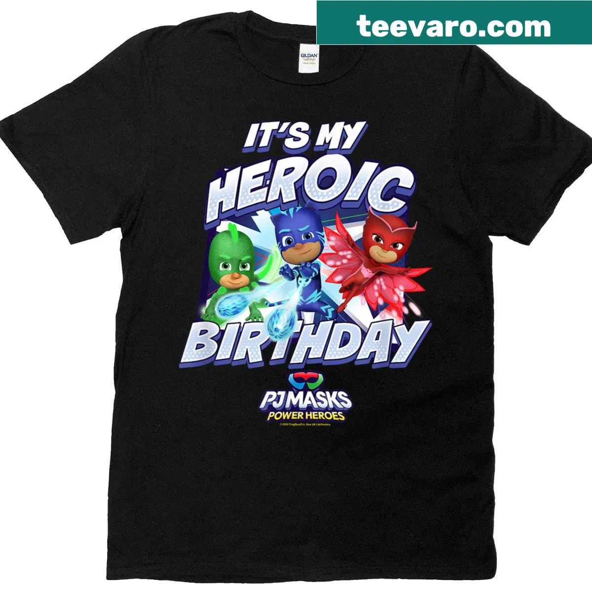 Cartoon logo of PJ Masks with 'It's My Heroic Birthday' text — on a men's t-shirt