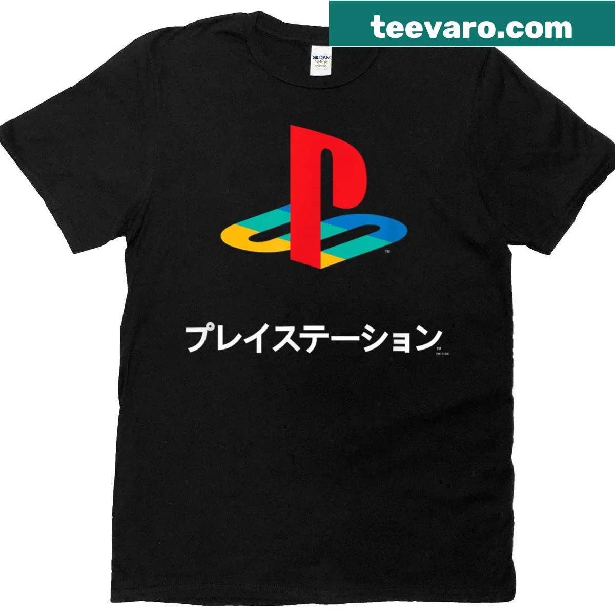 Playstation logo with kanji lettering on a modern gaming t-shirt. — on a men's t-shirt