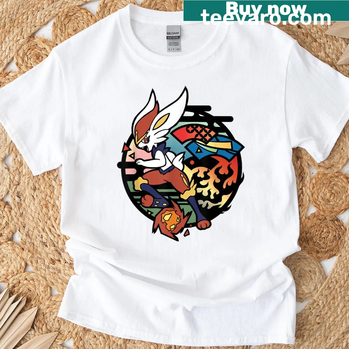 T-shirt featuring Cinderace and fireball logo design — on a men's t-shirt