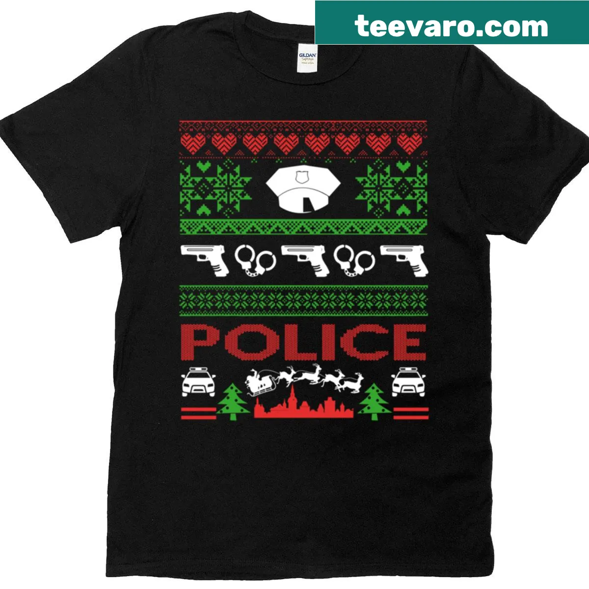 Christmas-themed police graphic T-shirt — on a men's t-shirt
