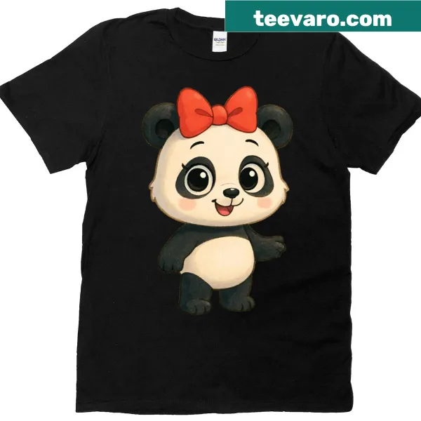 Cute T-shirt featuring an illustration of Poppy Panda with a bow