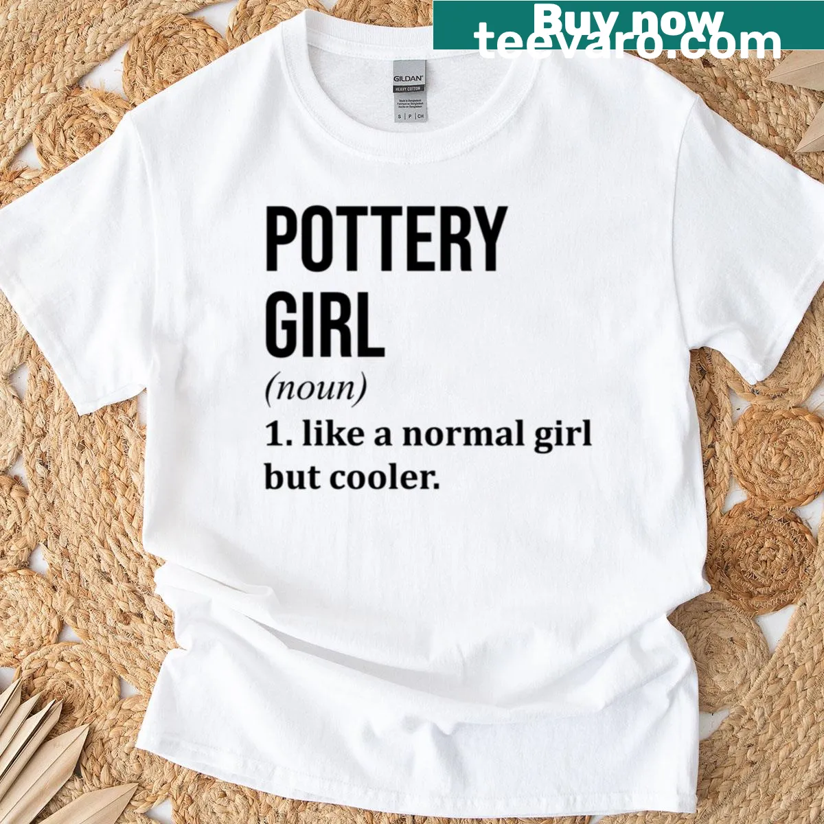 Hand-lettered definition of 'Pottery Girl' graphic on t-shirt — on a men's t-shirt