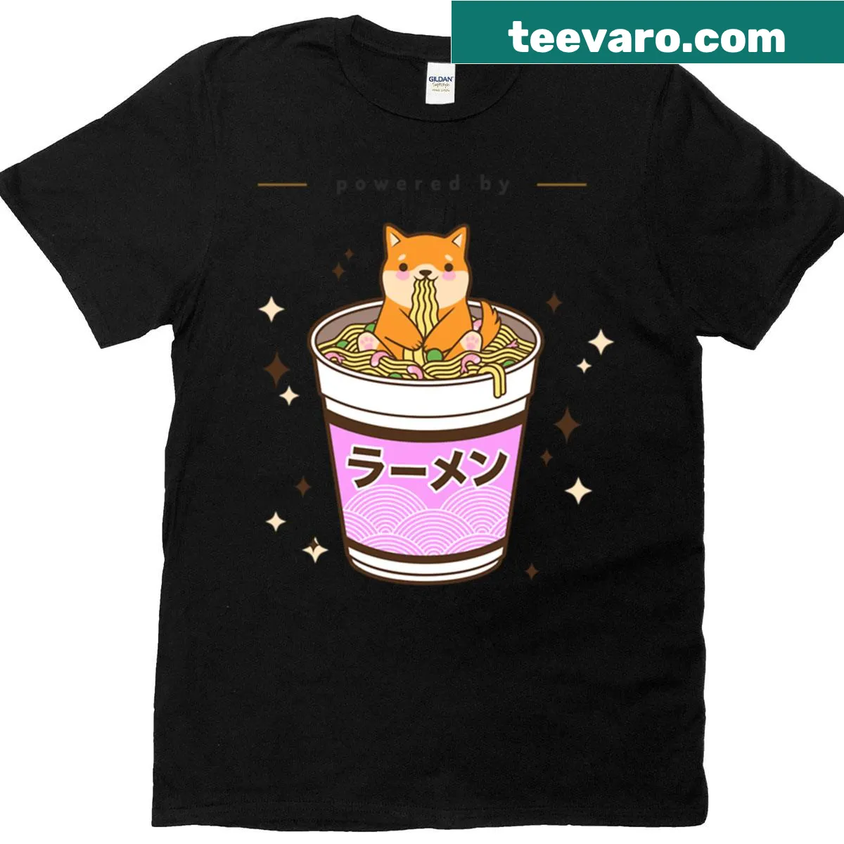 Text design featuring 'Powered By Ramen' — on a men's t-shirt