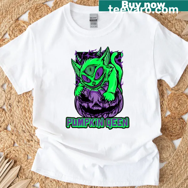 Cute cartoon t-shirt featuring the phrase 'Pumpkin Qeen' with playful graphics.