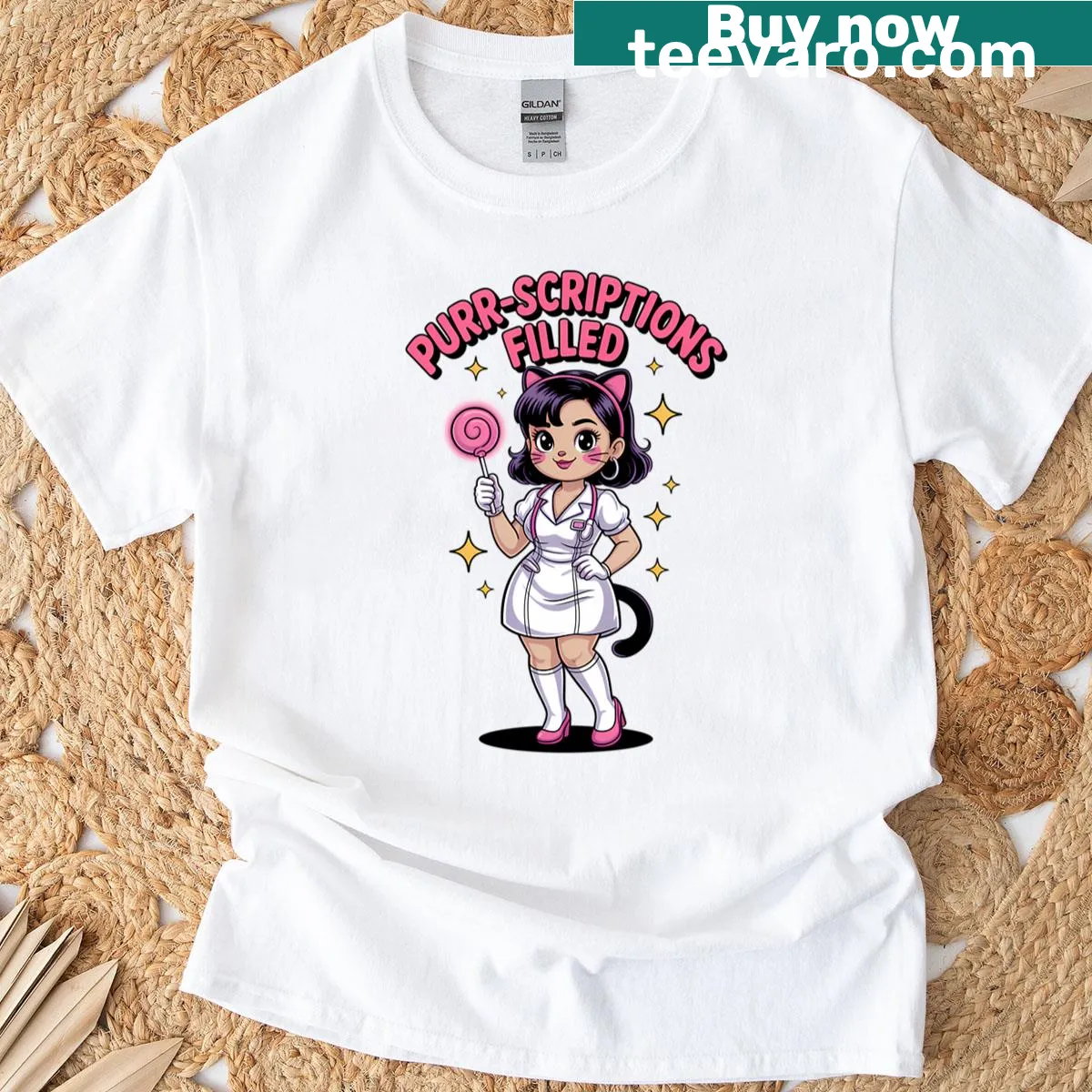Cute catgirl nurse graphic for Halloween cosplay — on a men's t-shirt