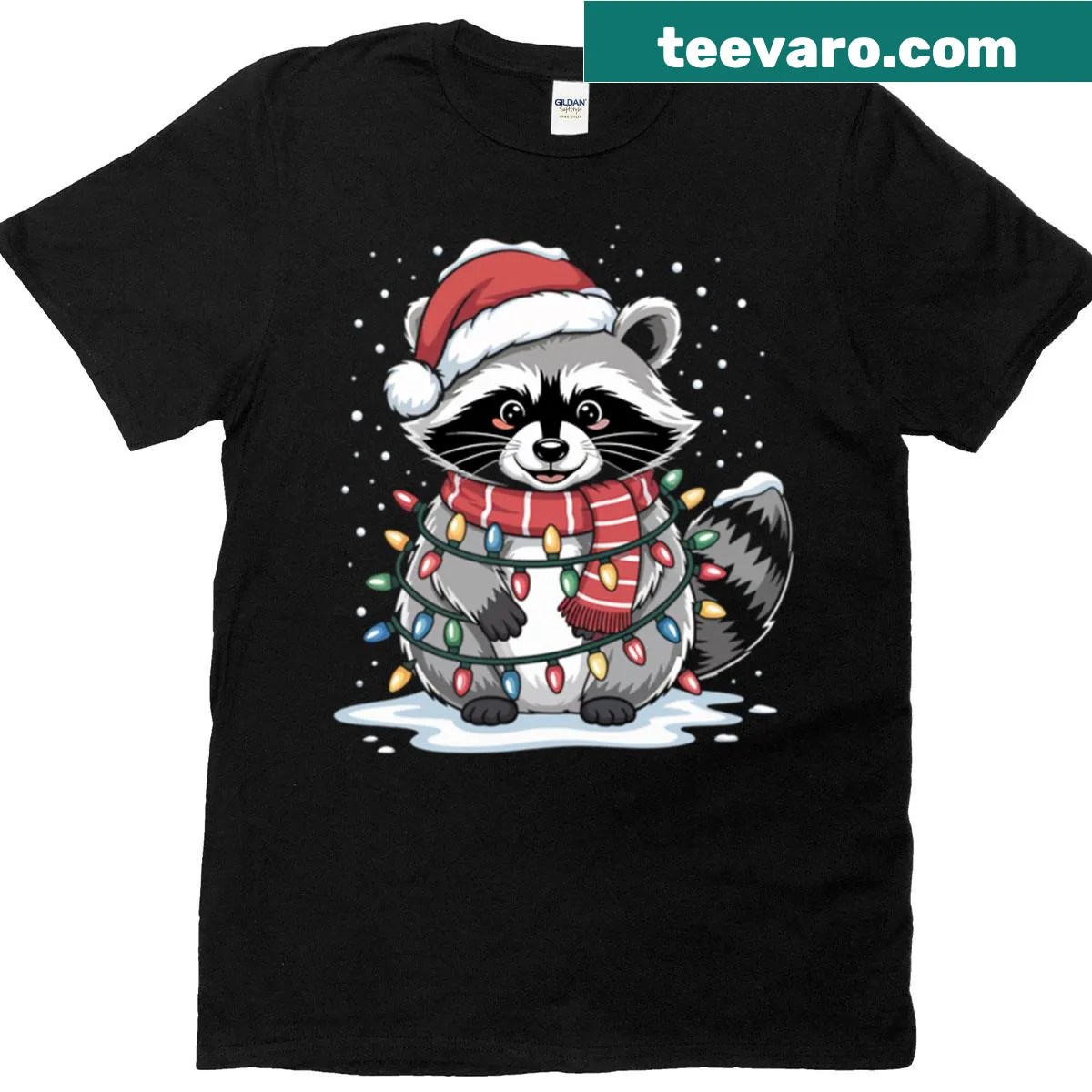 Whimsical T-shirt featuring a raccoon tangled in Christmas lights — on a men's t-shirt