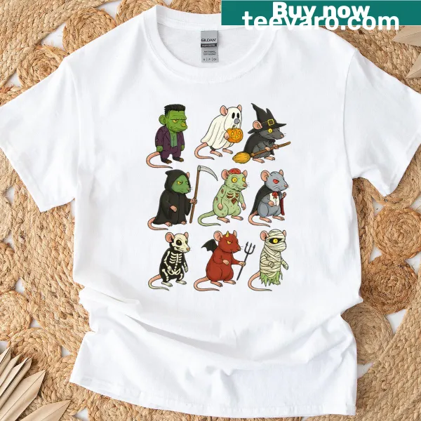 Halloween T-shirt featuring a rat witch, ghost, and zombie for kids