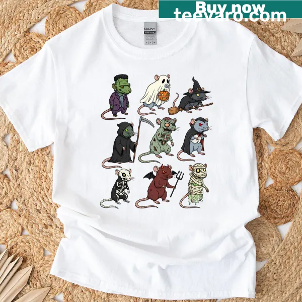 Cartoon zombie rat in witch costume on Halloween t-shirt