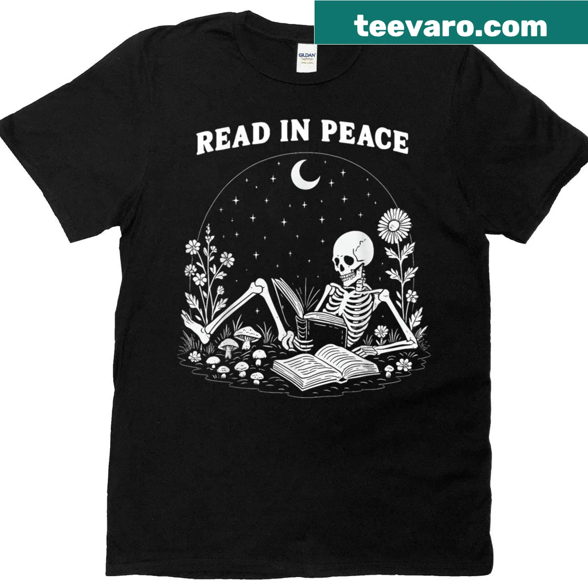 Halloween shirt with a skeleton reading a book — on a men's t-shirt