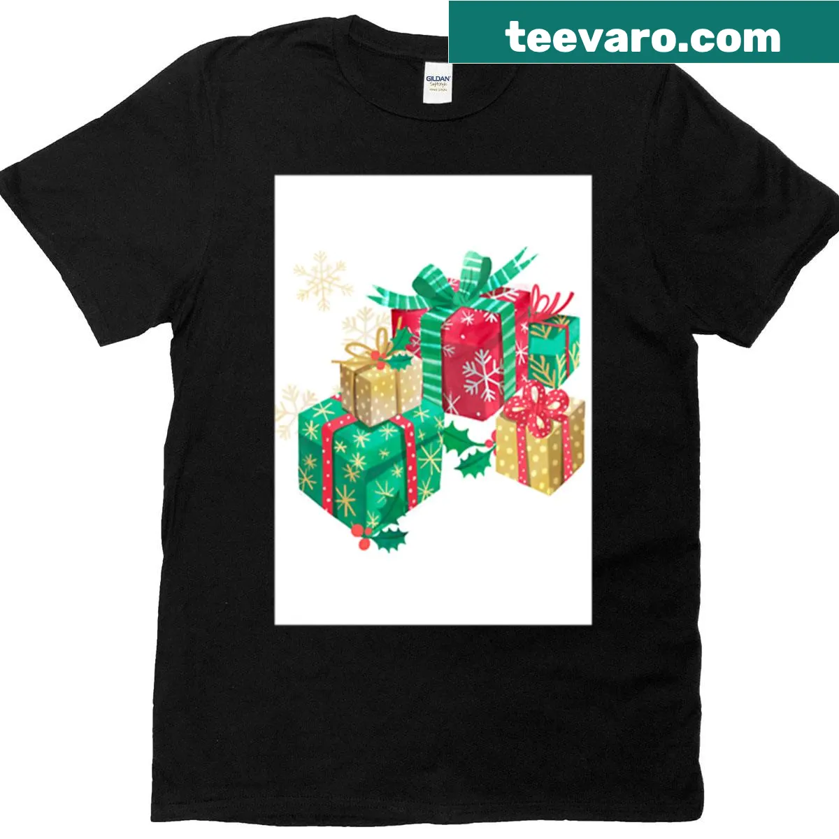 Christmas-themed T-shirt featuring festive gift design — on a men's t-shirt