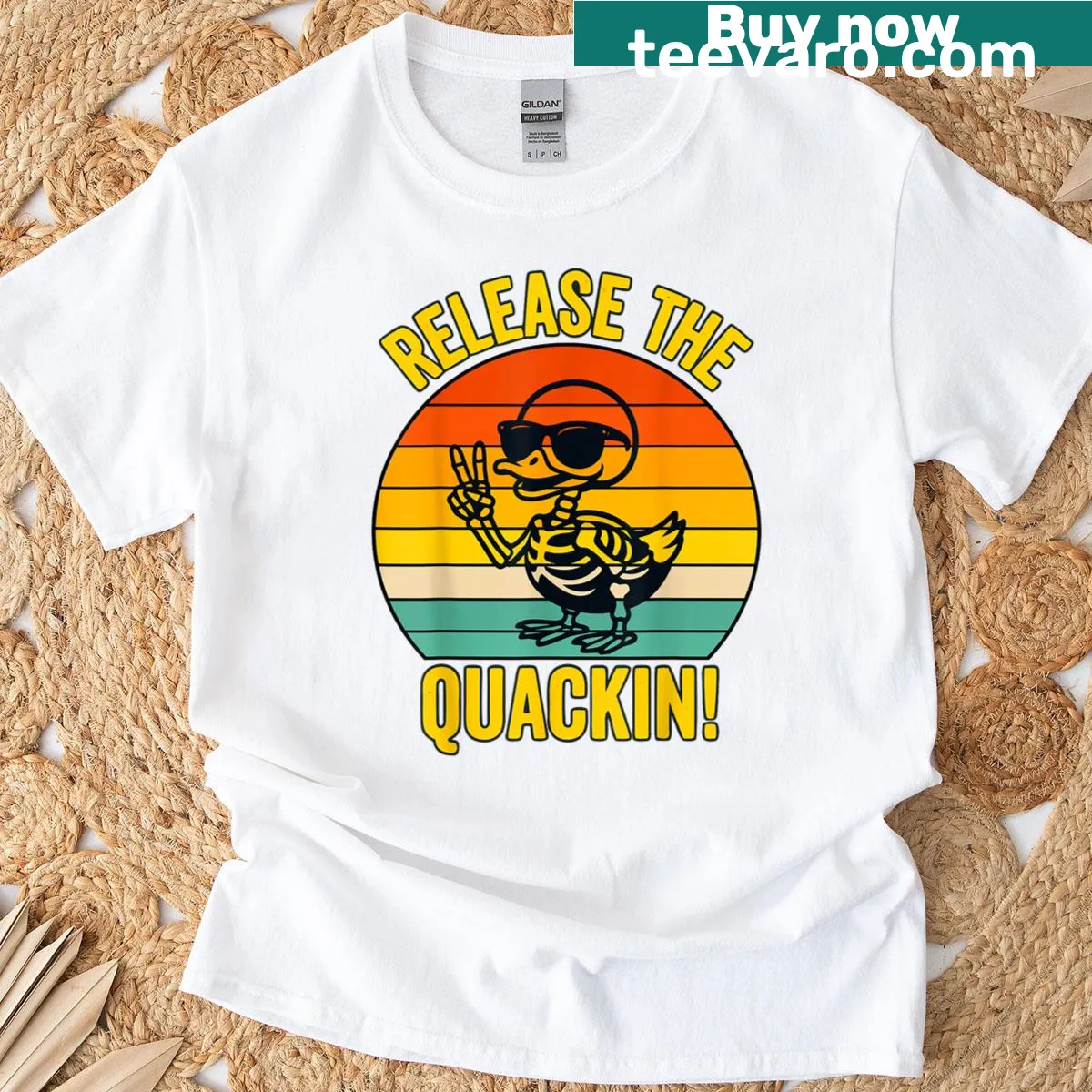 Funny duck skeleton graphic T-shirt with retro style — on a men's t-shirt